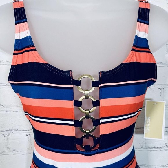 ☀️Michael Kors Striped Chain-Ring One-Piece Swimsuit Persimmon Multi Size 4 NWT - Picture 3 of 8